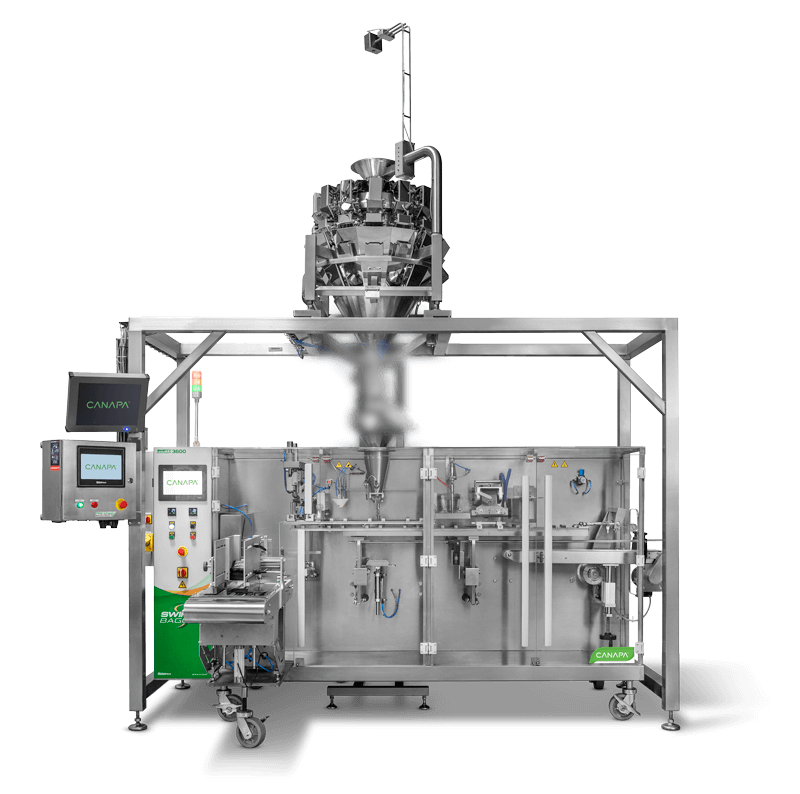PrimoCombi weigh filling cannabis into a swifty bagging machine