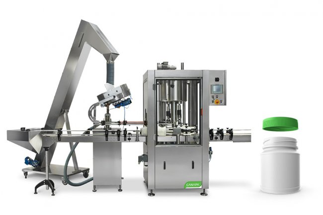 Canapa capping machine for marijuana products with example bottle