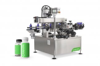 Container side labeling machine for cannabis manufacturing