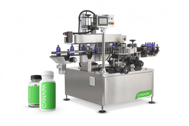 Container side labeling machine for cannabis manufacturing