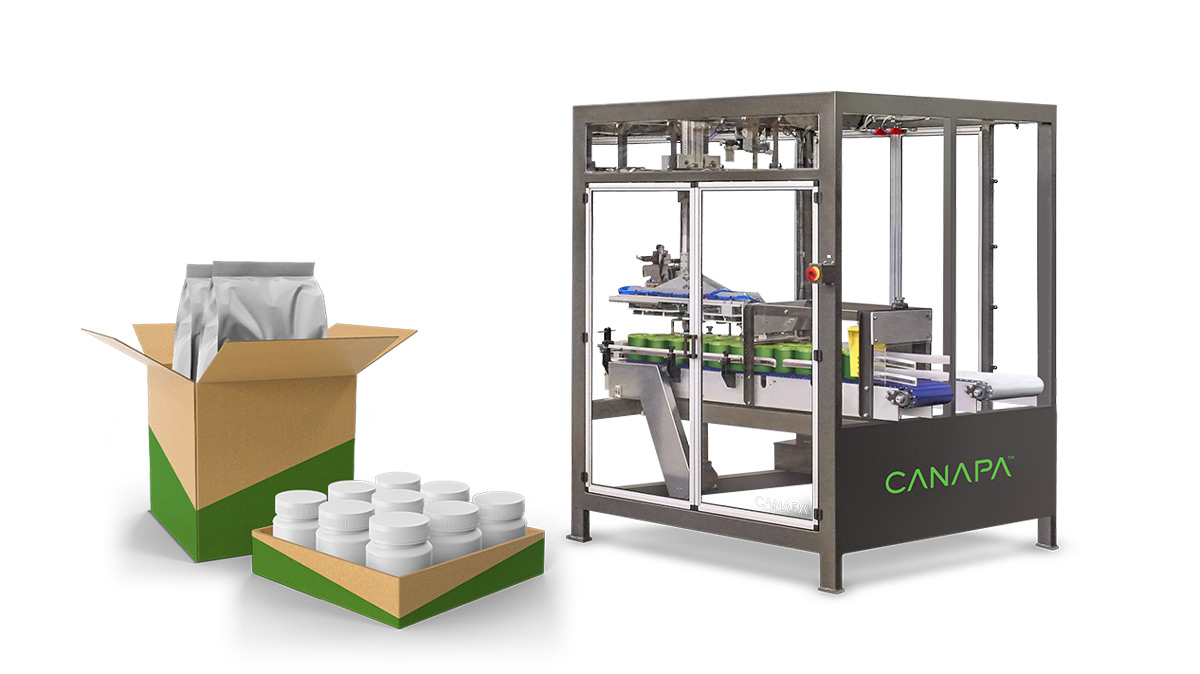 Canapa pick and place case packaging machine for marijuana products with examples
