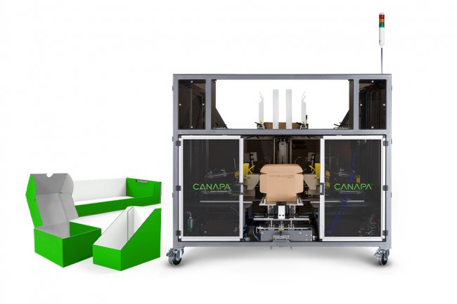 Canapa PopLok Tray Former and inserter for marijuana products with examples