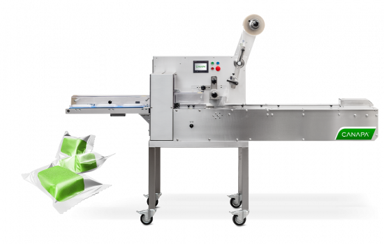 Sleek 40 canapa flow wrapping machinery for flow wrapping cannabis products with example gummies